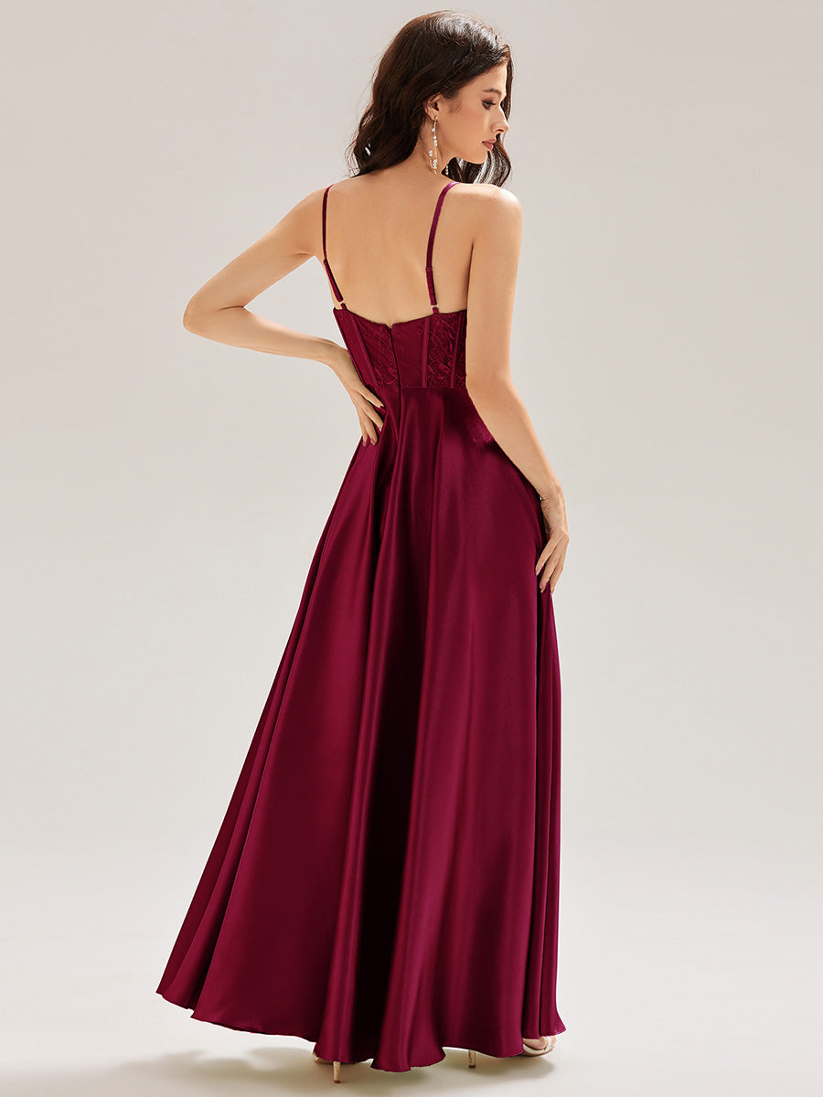 Color=Burgundy | Custom Made Sleeveless V-Neck A-Line Floor Length Patchwork Bridesmaid Dresses-Burgundy 2