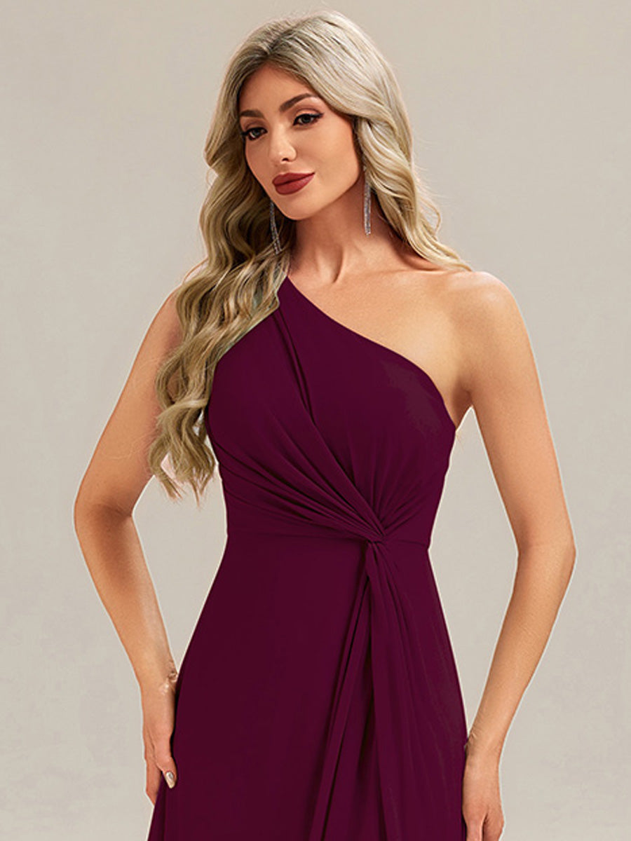 Color=Burgundy | Custom Solutions Gathered One Shoulder Sleeveless A-Line Floor Length Bridesmaid Dresses-Burgundy 3