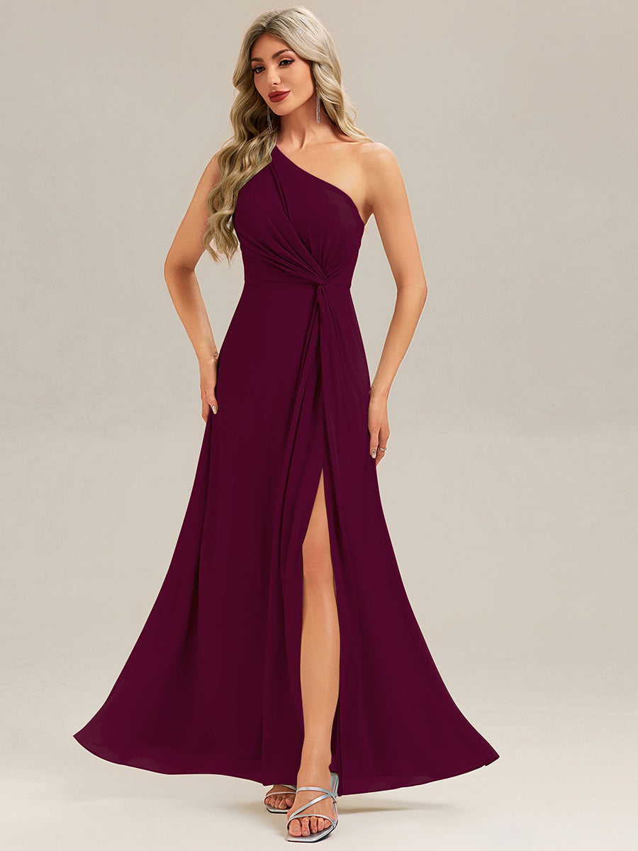Color=Burgundy | Custom Solutions Gathered One Shoulder Sleeveless A-Line Floor Length Bridesmaid Dresses-Burgundy 1