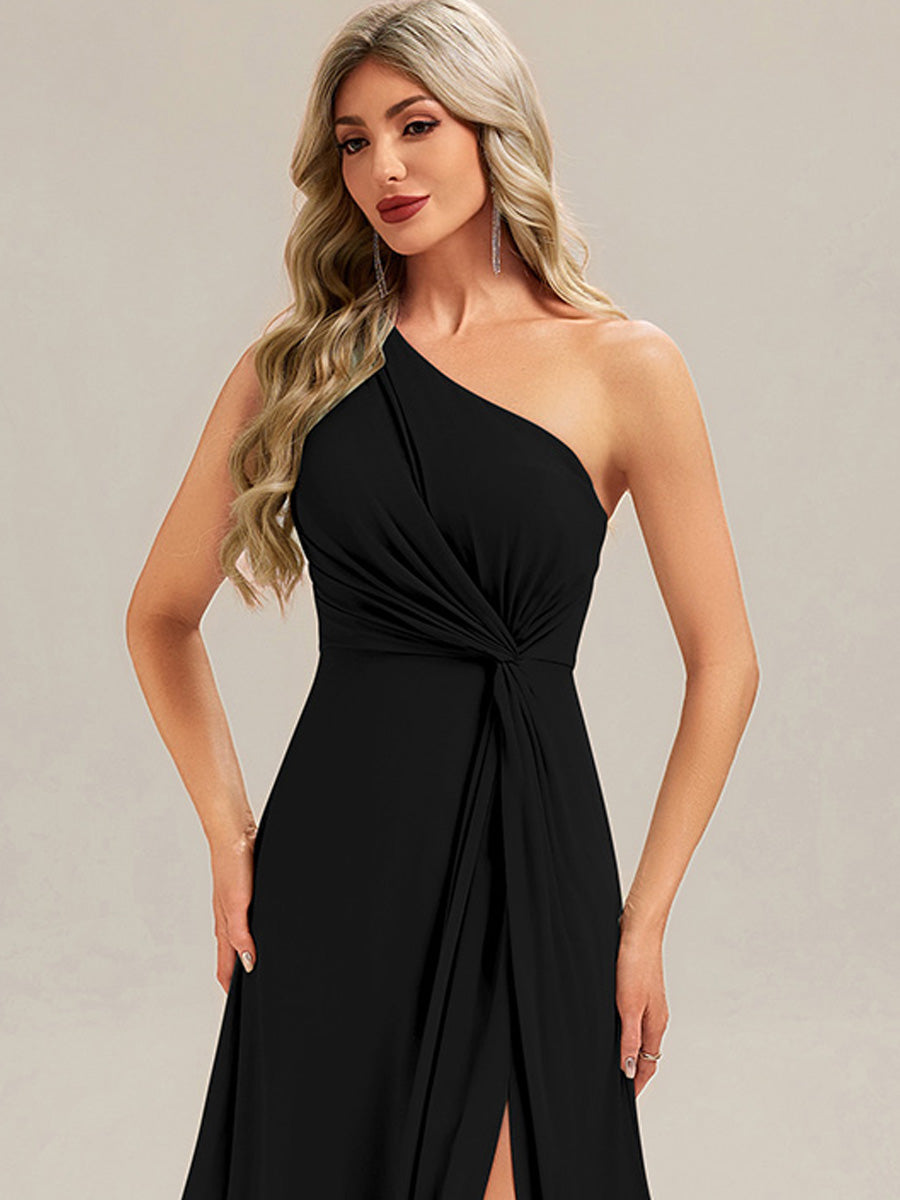 Color=Black | Custom Solutions Gathered One Shoulder Sleeveless A-Line Floor Length Bridesmaid Dresses-Black 6