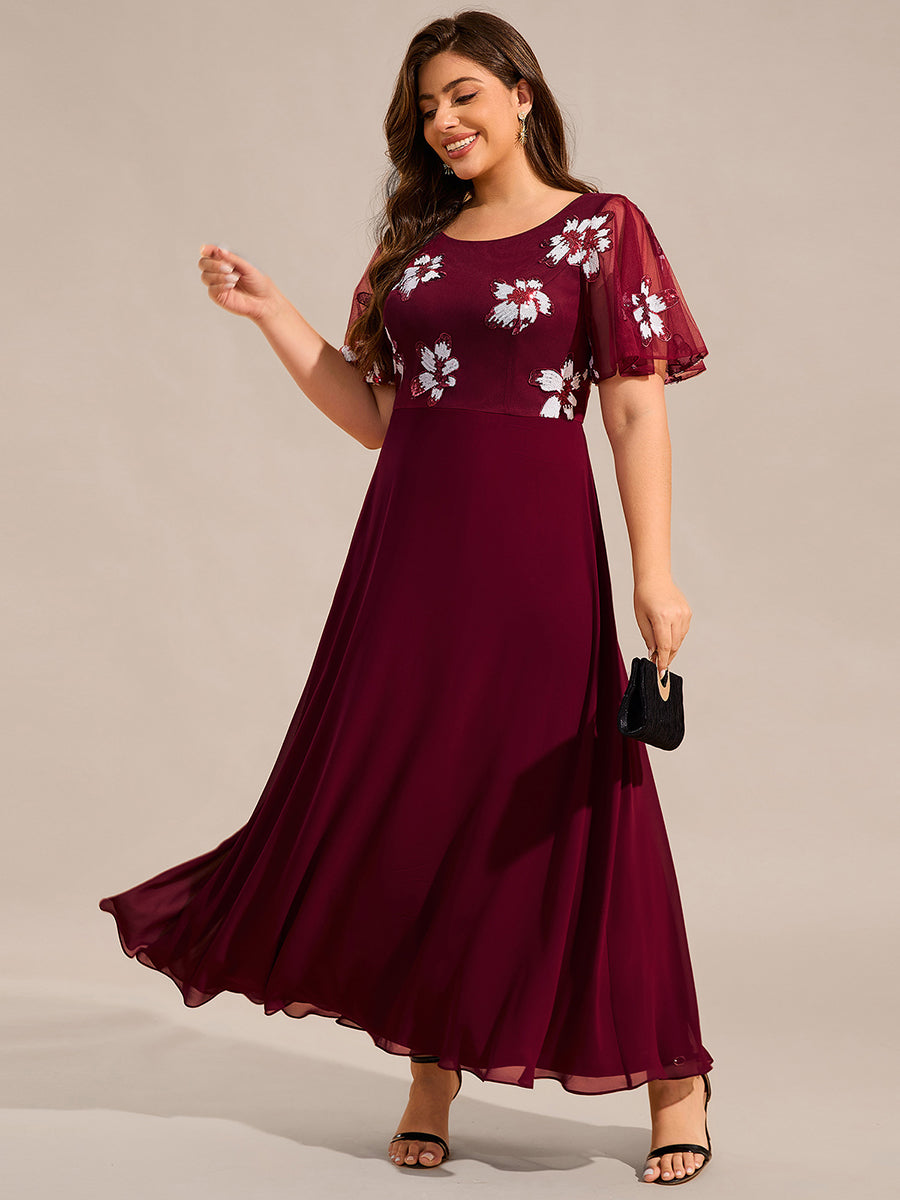 Color=Burgundy | Ruffles Sleeve Round Neck Paillette Chiffon Evening Dresses-Burgundy 1
