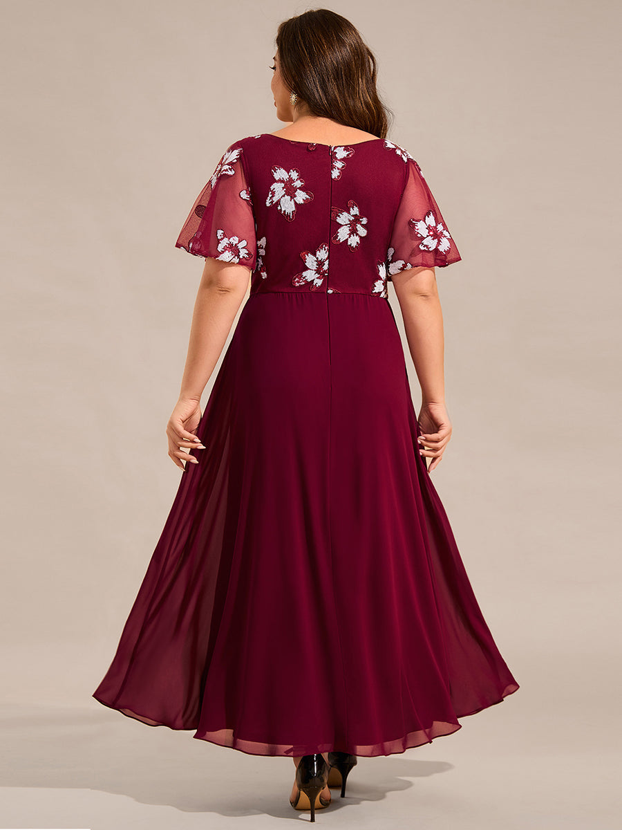 Color=Burgundy | Ruffles Sleeve Round Neck Paillette Chiffon Evening Dresses-Burgundy 2