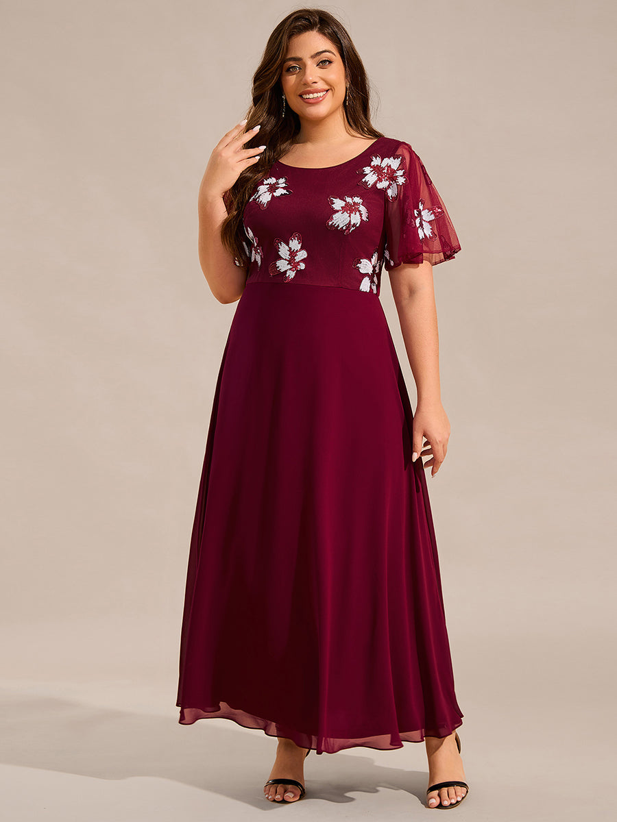 Color=Burgundy | Ruffles Sleeve Round Neck Paillette Chiffon Evening Dresses-Burgundy 3