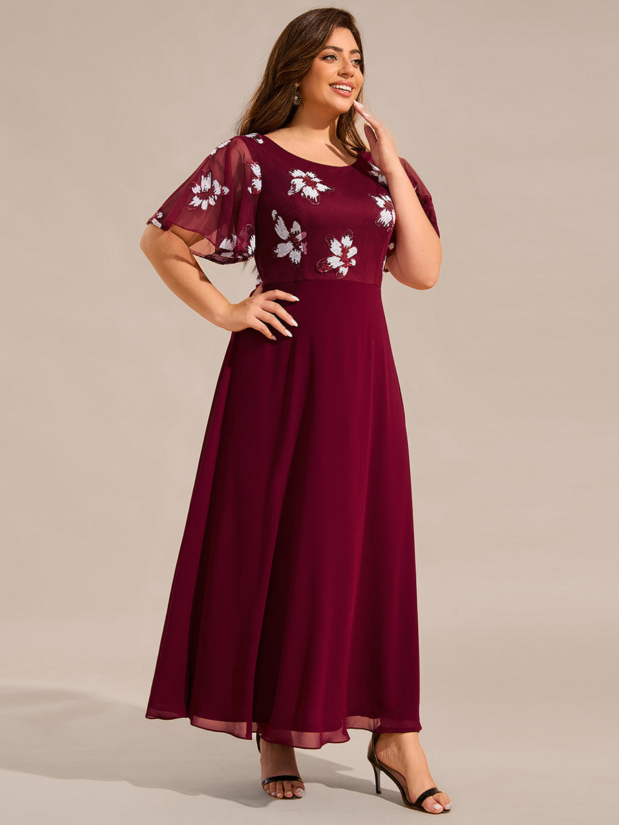 Color=Burgundy | Ruffles Sleeve Round Neck Paillette Chiffon Evening Dresses-Burgundy 4