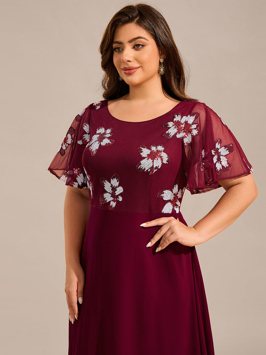 Color=Burgundy | Ruffles Sleeve Round Neck Paillette Chiffon Evening Dresses-Burgundy 5