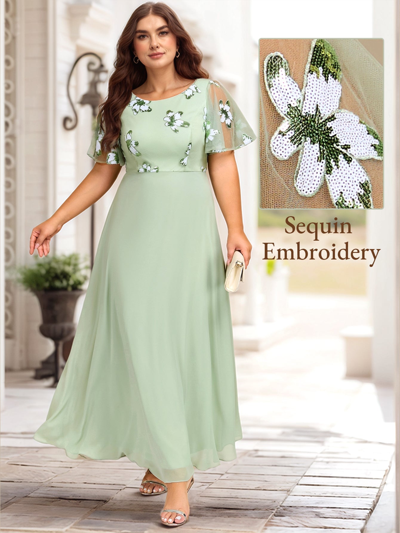 Color=Mint Green | Ruffles Sleeve Round Neck Paillette Chiffon Evening Dresses-Mint Green 6