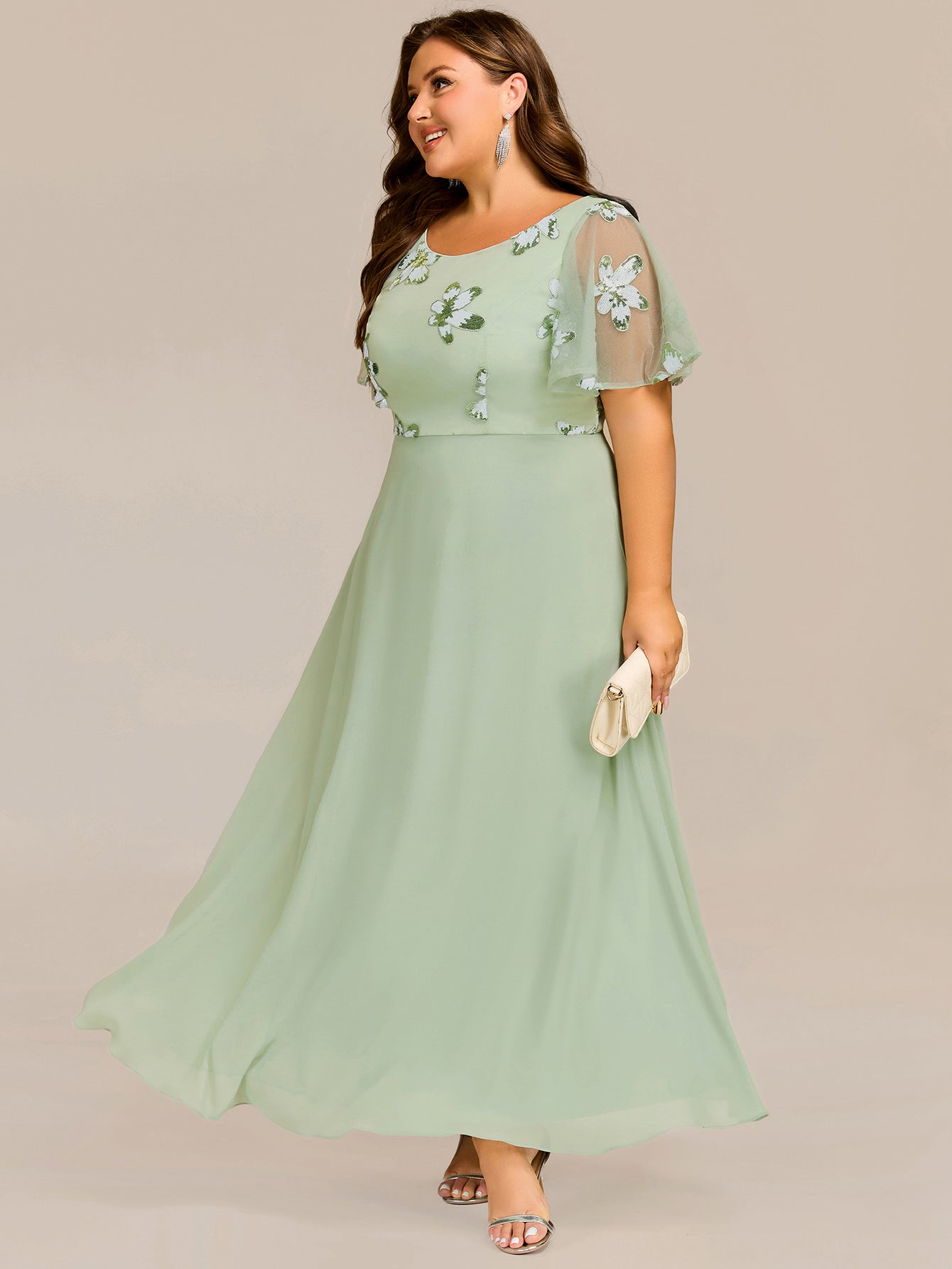 Color=Mint Green | Ruffles Sleeve Round Neck Paillette Chiffon Evening Dresses-Mint Green 8