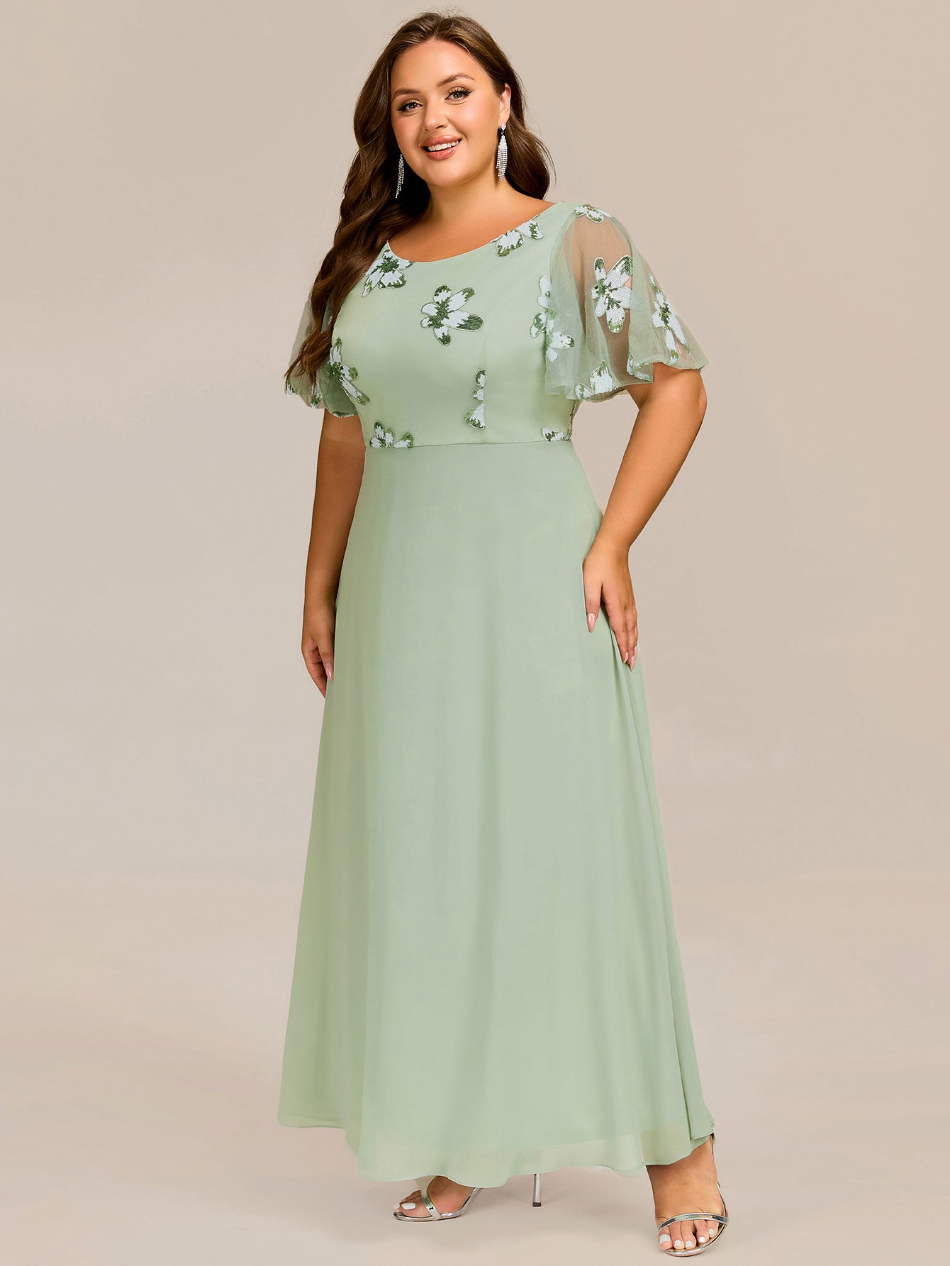 Color=Mint Green | Ruffles Sleeve Round Neck Paillette Chiffon Evening Dresses-Mint Green 9