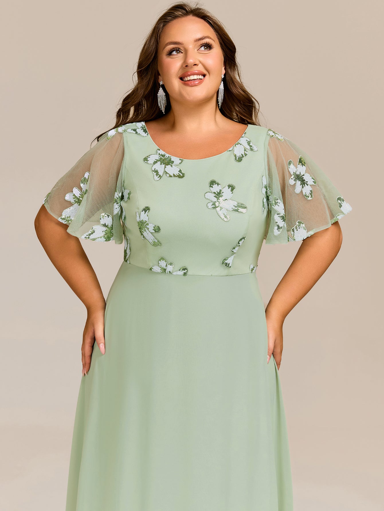 Color=Mint Green | Ruffles Sleeve Round Neck Paillette Chiffon Evening Dresses-Mint Green 10