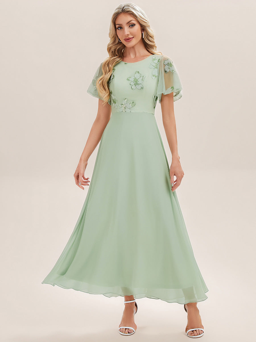 Color=Mint Green | Ruffle sleeves round neck sequined chiffon slim fit evening dress-Mint Green 1