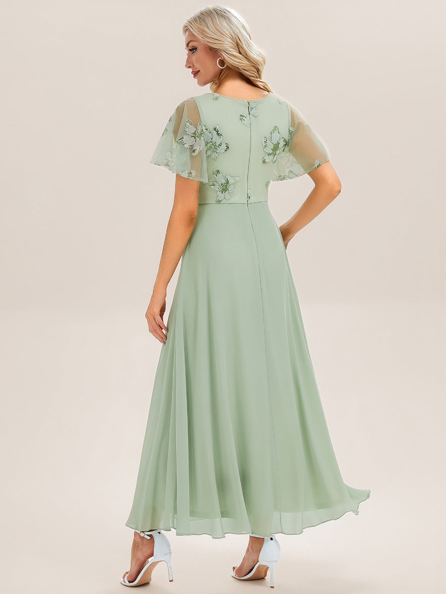 Color=Mint Green | Ruffle sleeves round neck sequined chiffon slim fit evening dress-Mint Green 2