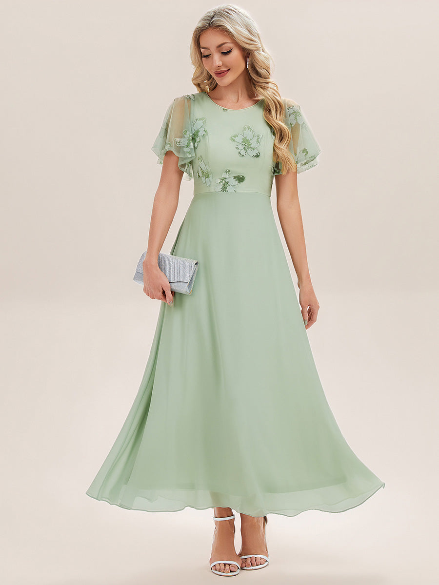 Color=Mint Green | Ruffle sleeves round neck sequined chiffon slim fit evening dress-Mint Green 3