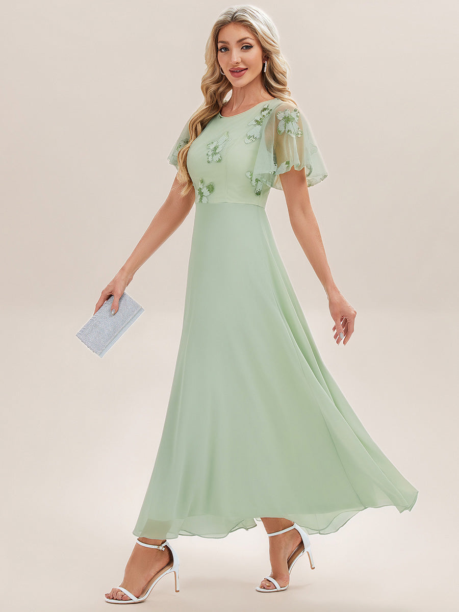 Color=Mint Green | Ruffle sleeves round neck sequined chiffon slim fit evening dress-Mint Green 4