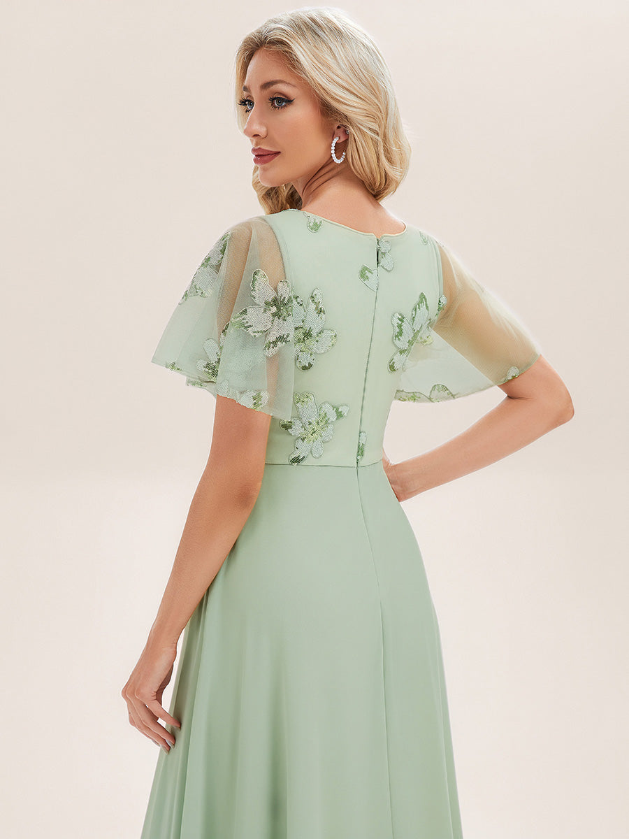 Color=Mint Green | Ruffle sleeves round neck sequined chiffon slim fit evening dress-Mint Green 5