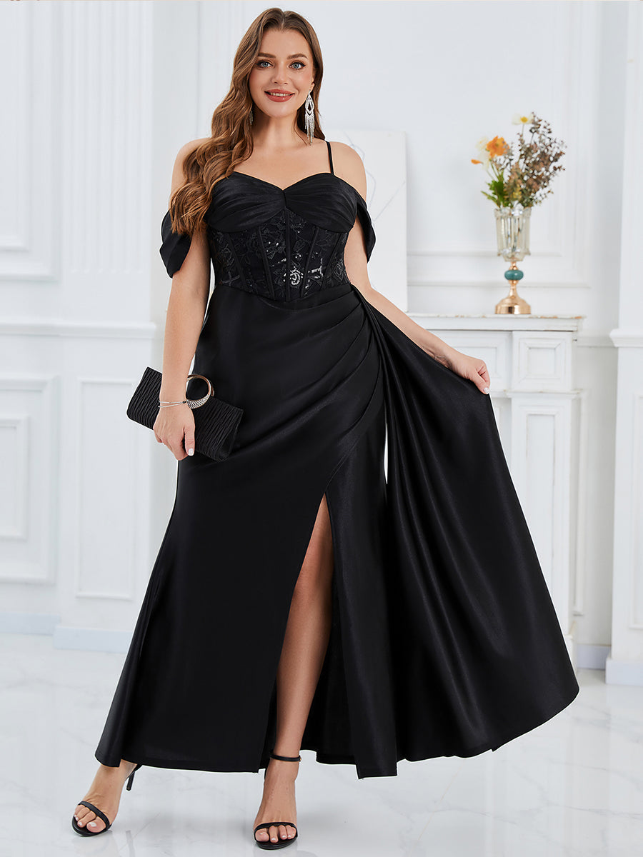 Color=Black | B2B-Exclusive Plus Size Short Sleeves Sweetheart Neck Fishtail Floor Length Evening Dresses-Black 5