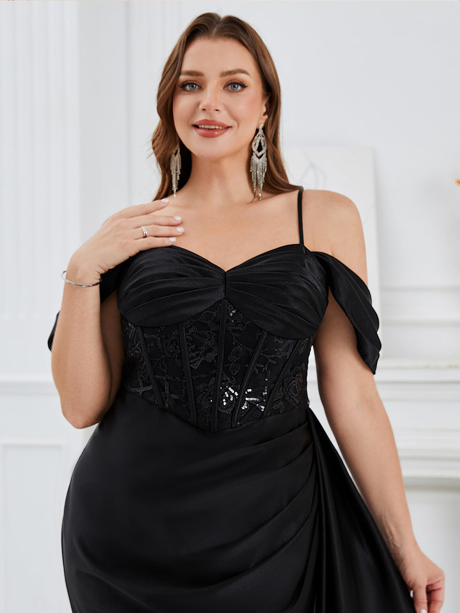 Color=Black | B2B-Exclusive Plus Size Short Sleeves Sweetheart Neck Fishtail Floor Length Evening Dresses-Black 3