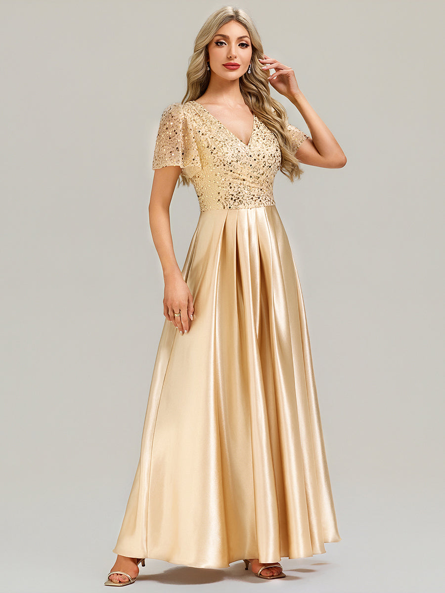 Color=Champagne | V-Neck Short Sleeve Evening Dress with Ruffle and Sheer Appliques-Champagne 4