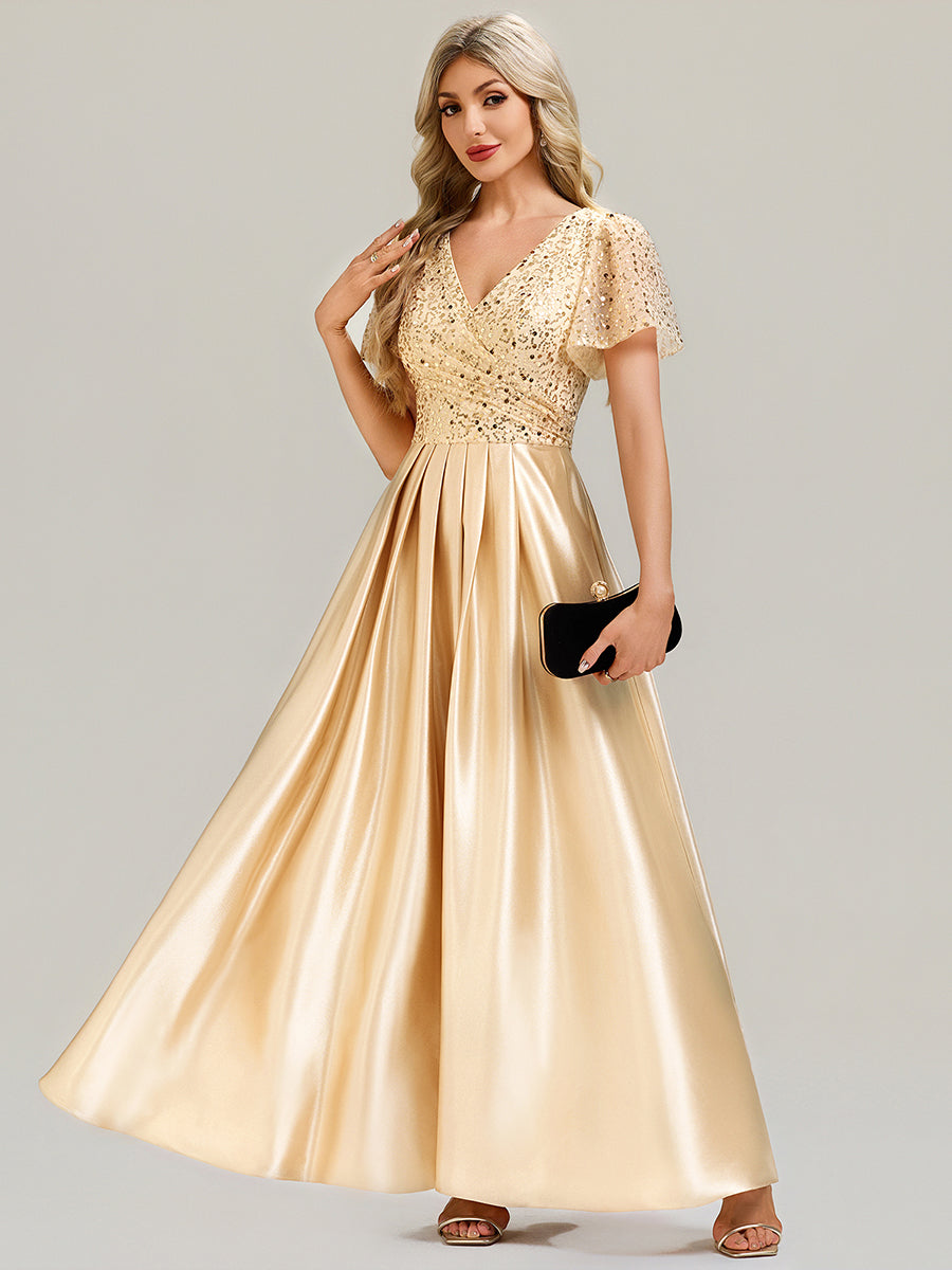Color=Champagne | V-Neck Short Sleeve Evening Dress with Ruffle and Sheer Appliques-Champagne 5