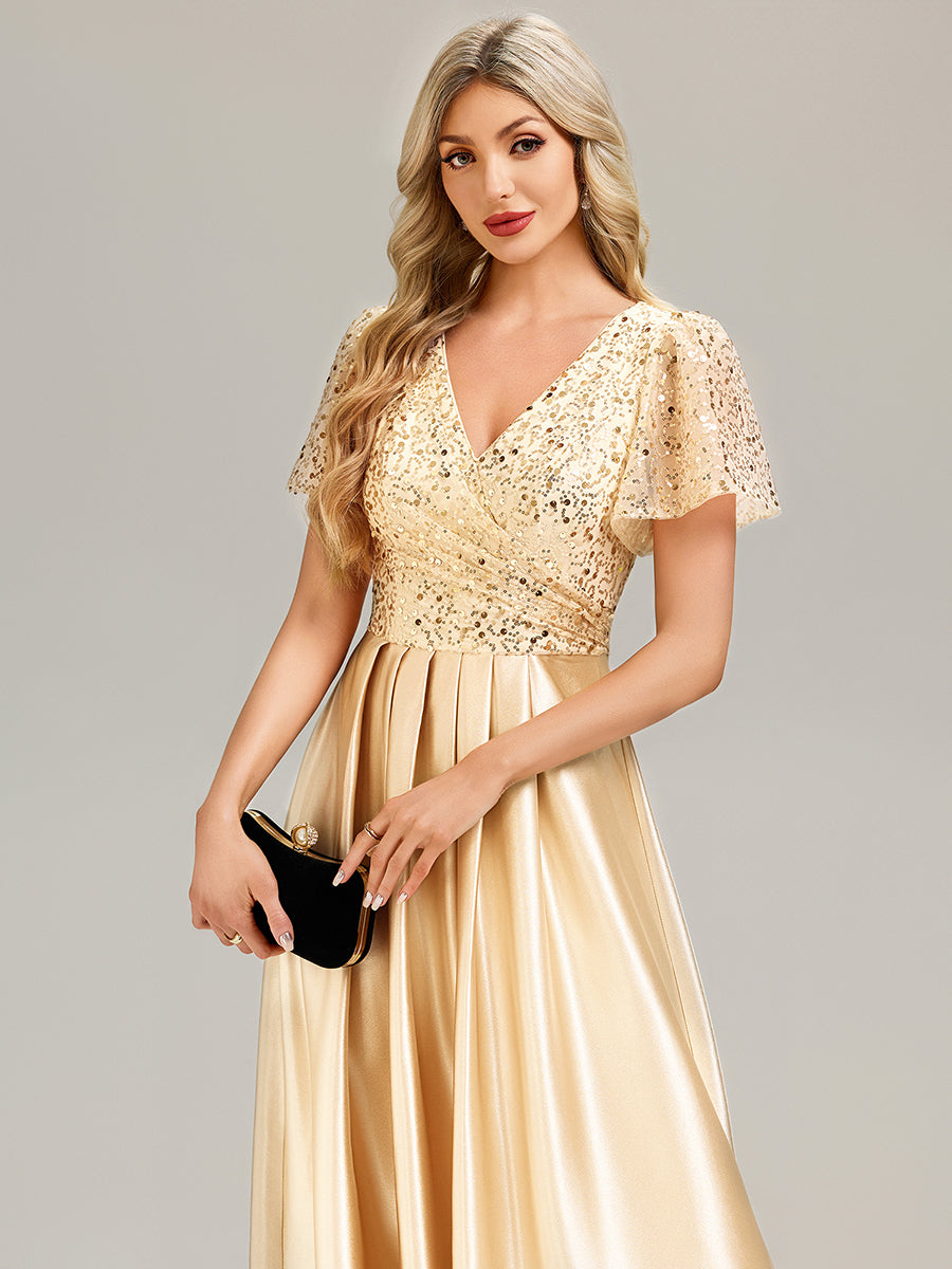 Color=Champagne | V-Neck Short Sleeve Evening Dress with Ruffle and Sheer Appliques-Champagne 3