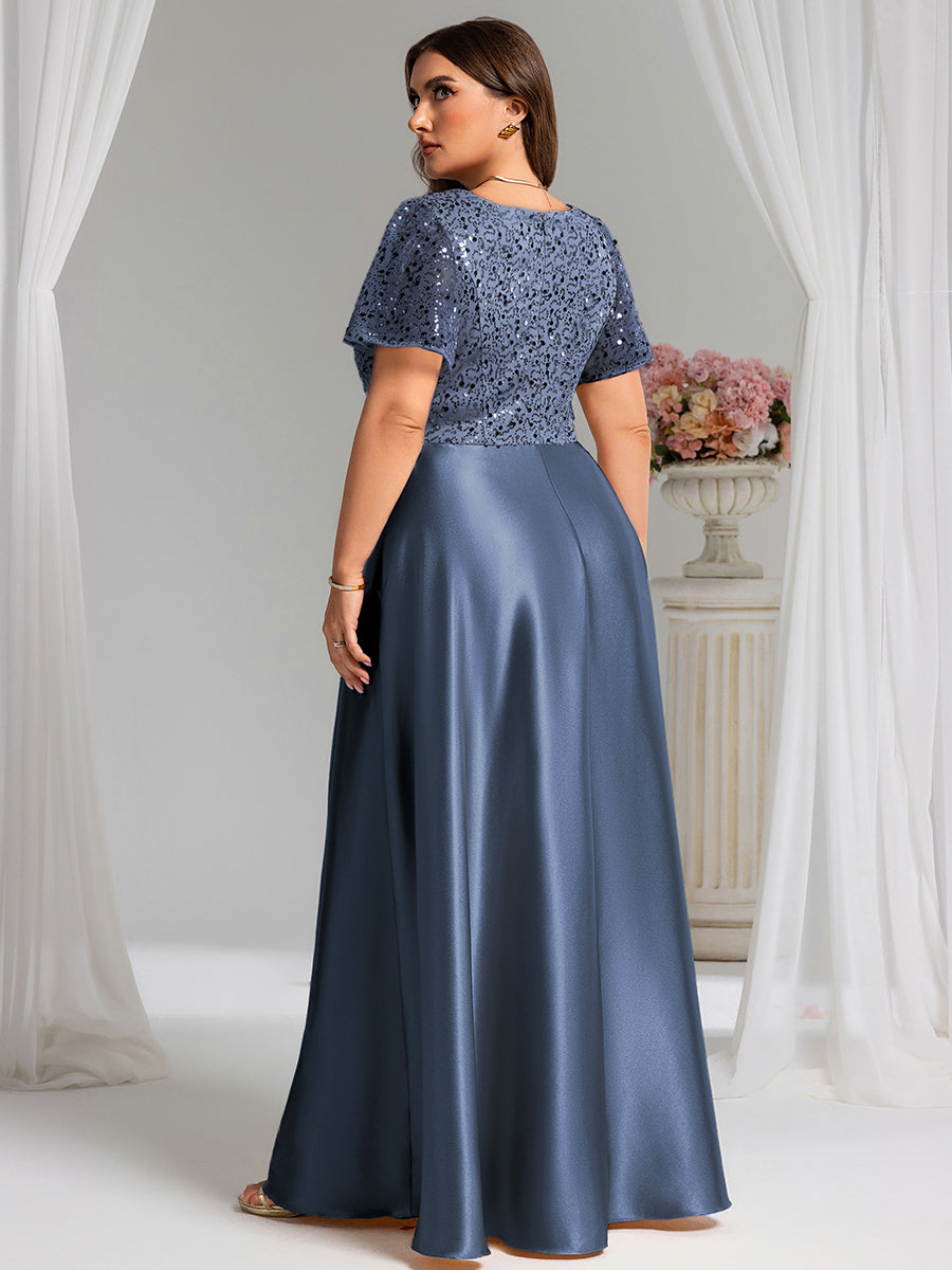 Color=Dusty Blue | One Stop Shop Plus Size Short Sleeves Deep V-Neck Sequin A-Line Floor Length Evening Dresses-Dusty Blue 2