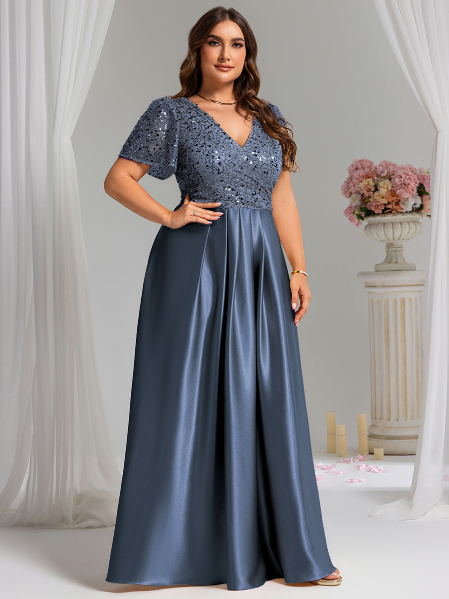Color=Dusty Blue | One Stop Shop Plus Size Short Sleeves Deep V-Neck Sequin A-Line Floor Length Evening Dresses-Dusty Blue 5