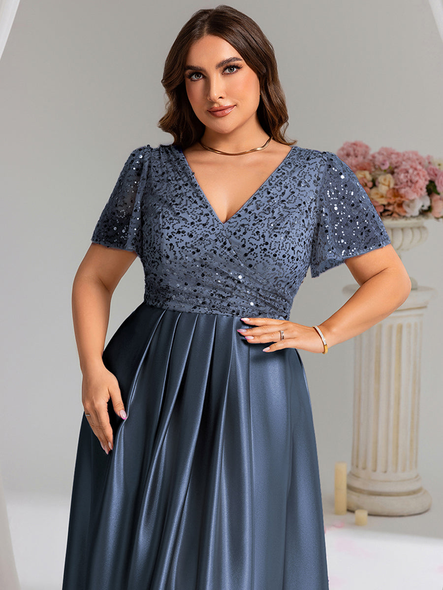 Color=Dusty Blue | One Stop Shop Plus Size Short Sleeves Deep V-Neck Sequin A-Line Floor Length Evening Dresses-Dusty Blue 3