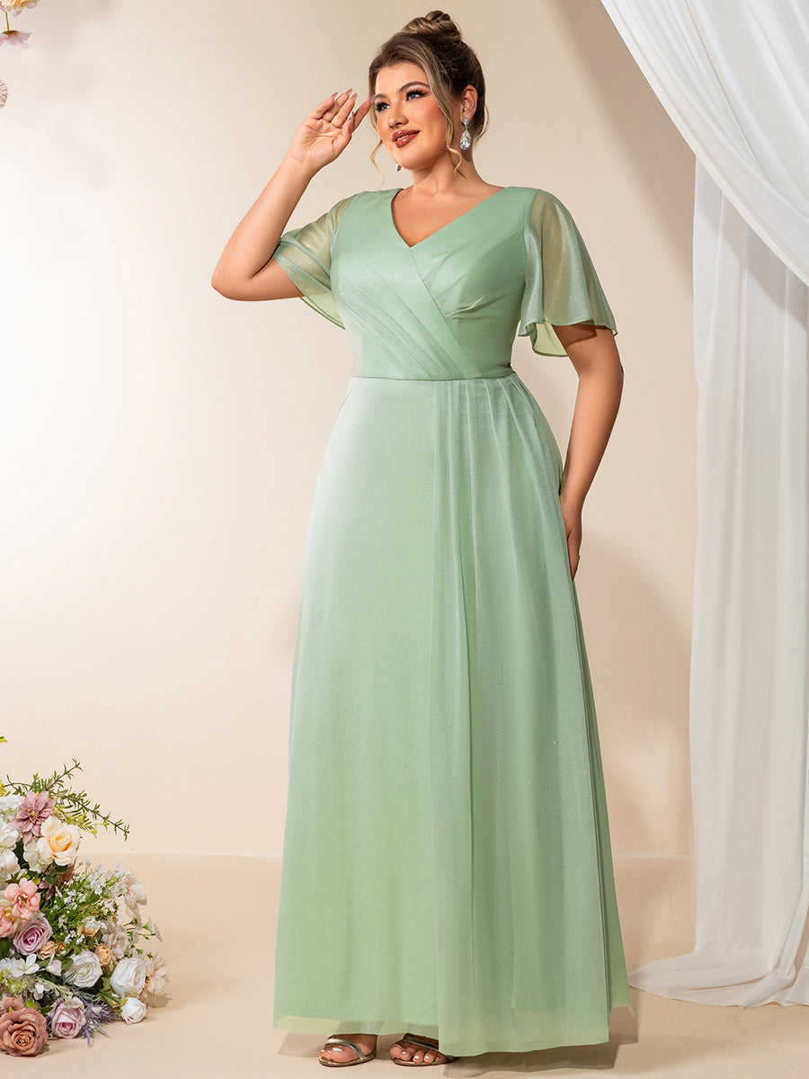 Color=Mint Green | Volume Discounts Plus Size Short Sleeve Ruffle Deep V-Neck A-Line Floor Length Evening Dresses-Mint Green 4