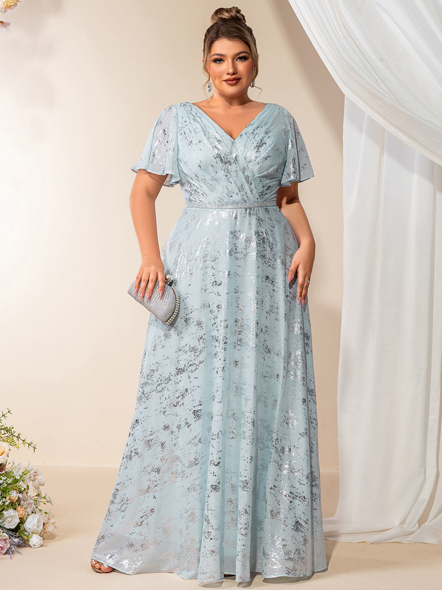 Color=Sky Blue | Bulk Order Plus Size Short Sleeve Ruffle A-Line Floor Length V-Neck Evening Dresses-Sky Blue 1