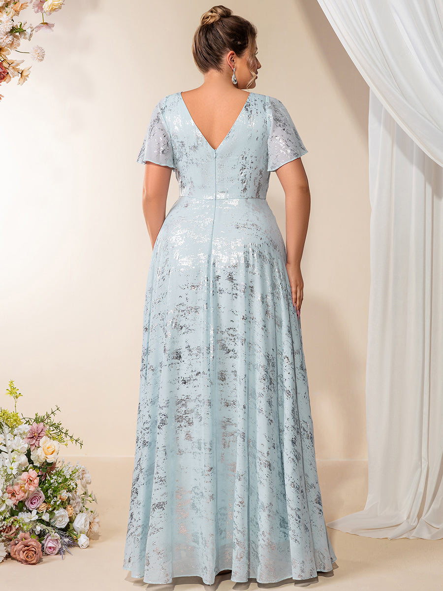 Color=Sky Blue | Bulk Order Plus Size Short Sleeve Ruffle A-Line Floor Length V-Neck Evening Dresses-Sky Blue 2