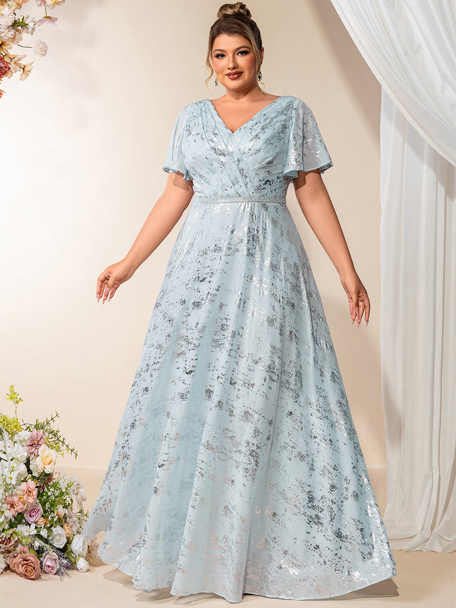 Color=Sky Blue | Bulk Order Plus Size Short Sleeve Ruffle A-Line Floor Length V-Neck Evening Dresses-Sky Blue 4