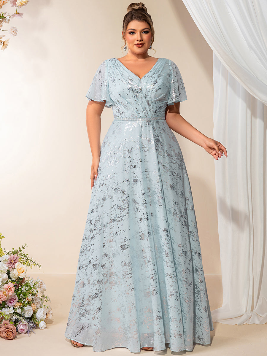 Color=Sky Blue | Bulk Order Plus Size Short Sleeve Ruffle A-Line Floor Length V-Neck Evening Dresses-Sky Blue 5