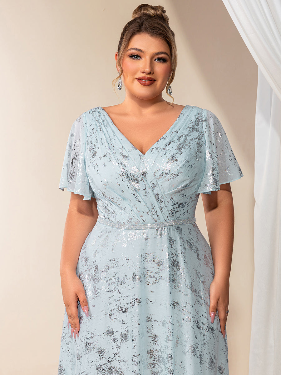 Color=Sky Blue | Bulk Order Plus Size Short Sleeve Ruffle A-Line Floor Length V-Neck Evening Dresses-Sky Blue 3
