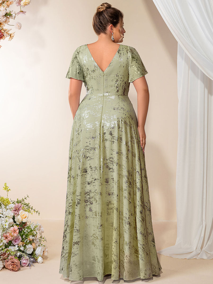 Color=Slate Green | Industrial Use Plus Size Short Sleeve Ruffle A-Line Floor Length V-Neck Evening Dresses-Slate Green 2