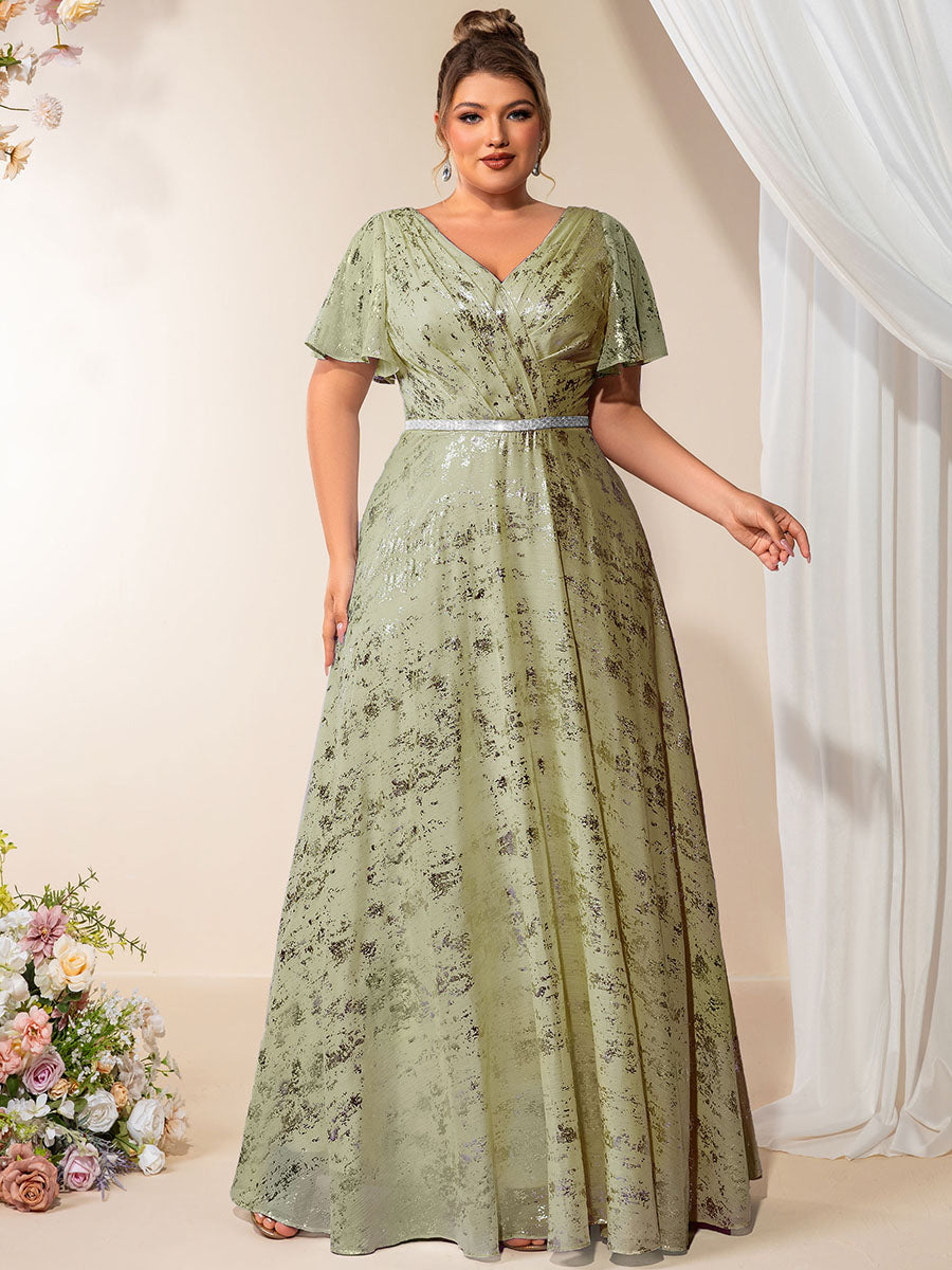 Color=Slate Green | Industrial Use Plus Size Short Sleeve Ruffle A-Line Floor Length V-Neck Evening Dresses-Slate Green 5
