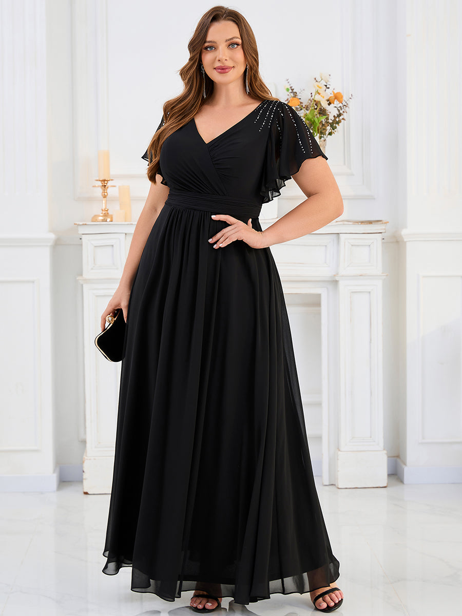 Color=Black | Fast Delivery Plus Size Short Sleeve Ruffle V-Neck Pleated A-Line Floor Length Evening Dresses-Black 4