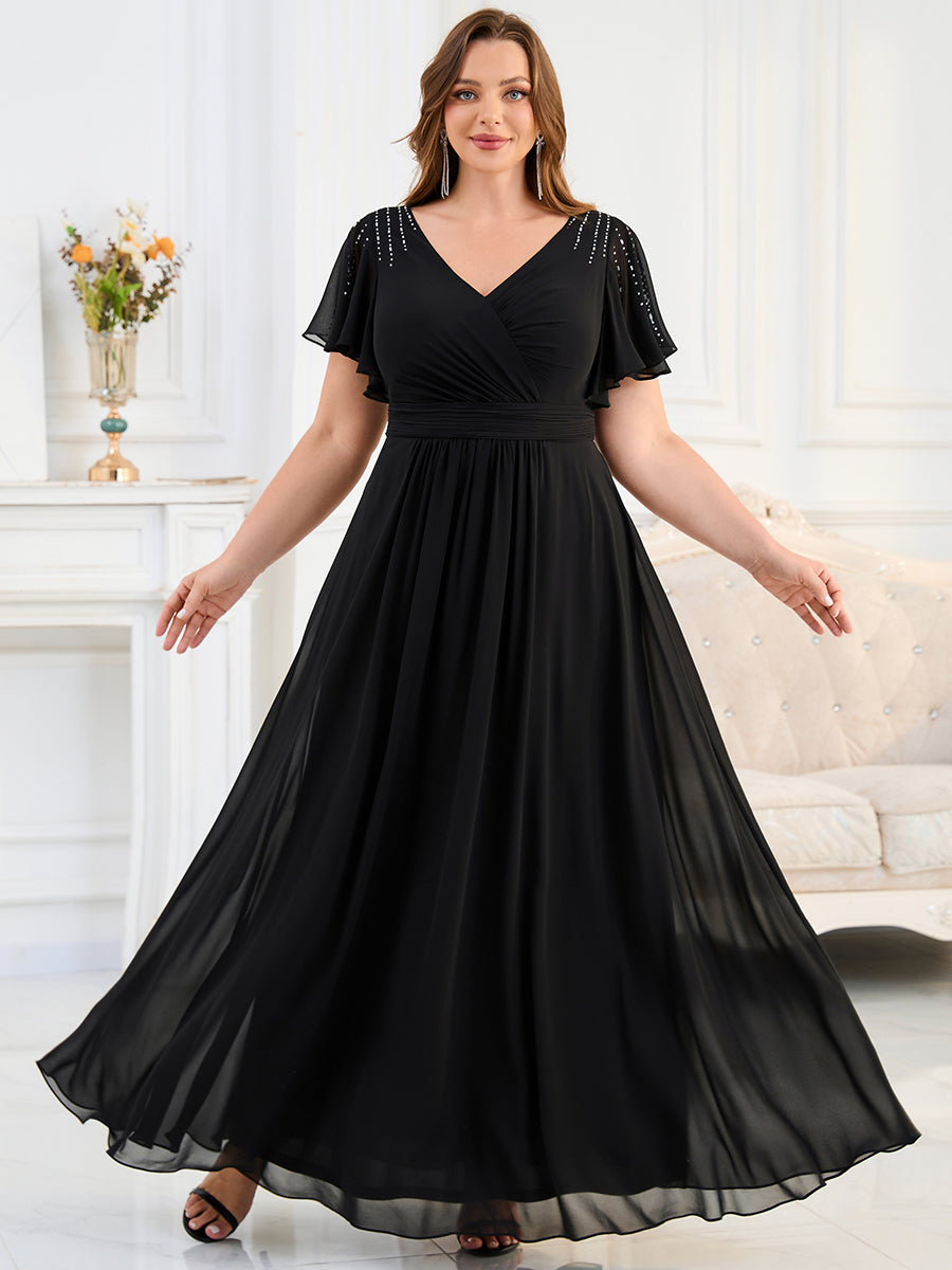 Color=Black | Fast Delivery Plus Size Short Sleeve Ruffle V-Neck Pleated A-Line Floor Length Evening Dresses-Black 5