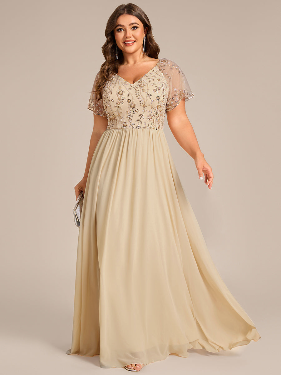 Color=Champagne | Commercial Wholesale Plus Size Short Sleeve Ruffle V-Neck A-Line Floor Length Evening Dress Evenings Dresses-Champagne 1