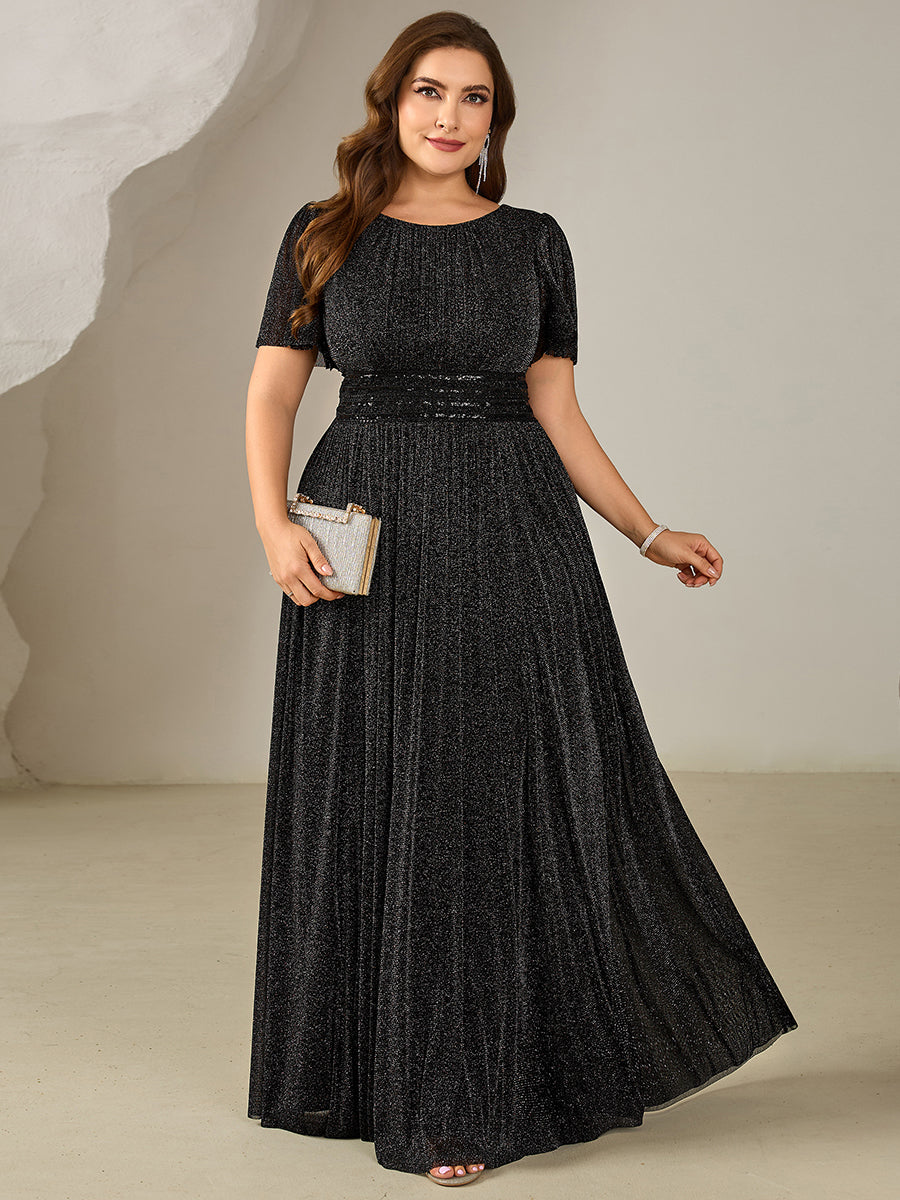 Color=Black | One Stop Shop Plus Size Short Sleeve Ruffle Sequin Round Neck A-Line Floor Length Evening Dresses-Black 1