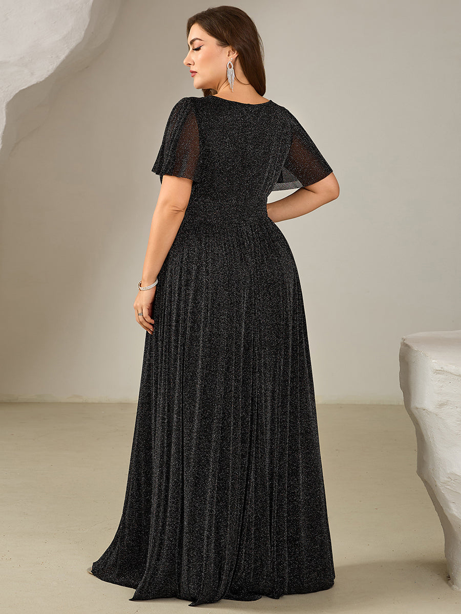 Color=Black | One Stop Shop Plus Size Short Sleeve Ruffle Sequin Round Neck A-Line Floor Length Evening Dresses-Black 2