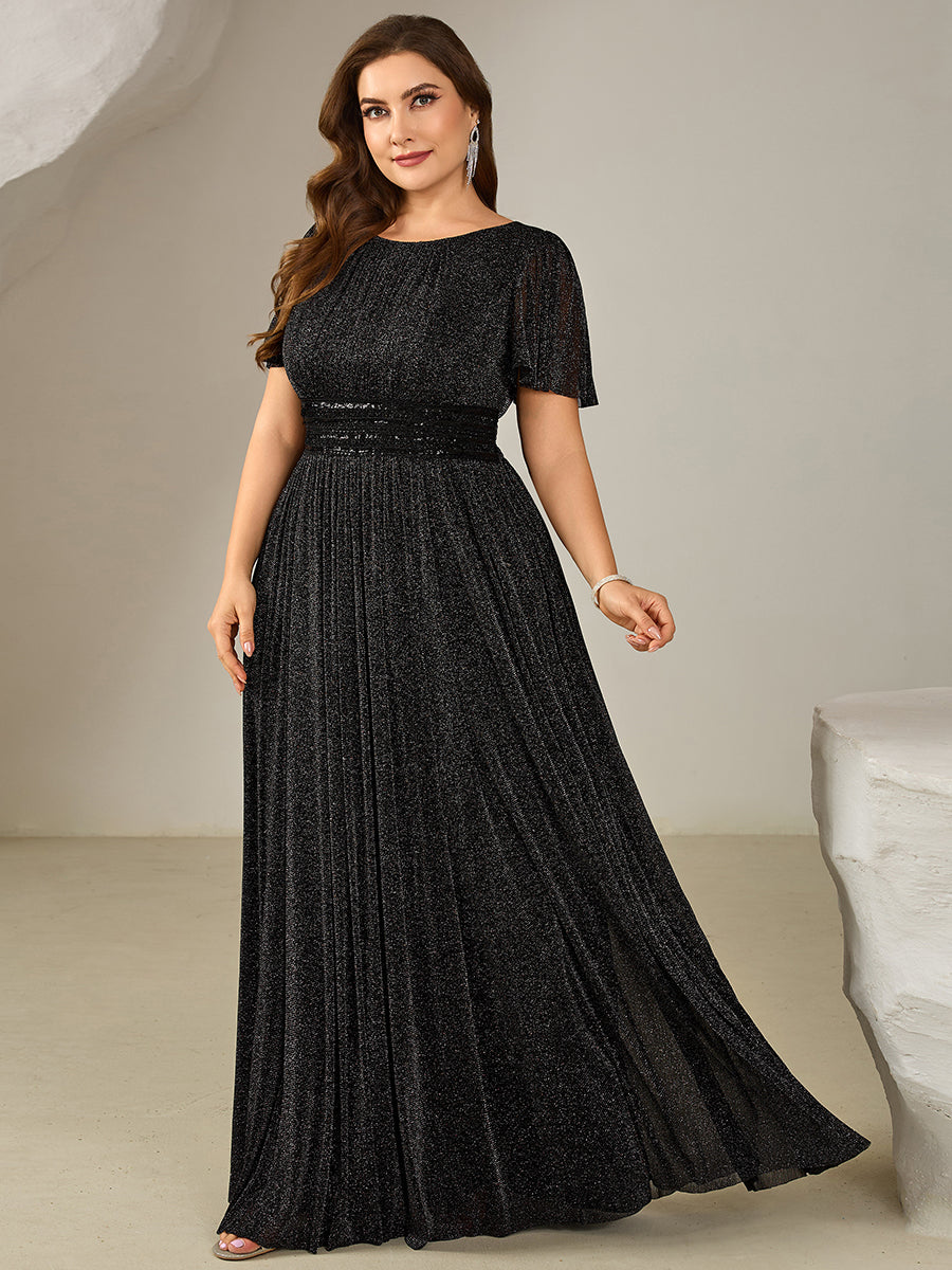 Color=Black | One Stop Shop Plus Size Short Sleeve Ruffle Sequin Round Neck A-Line Floor Length Evening Dresses-Black 4