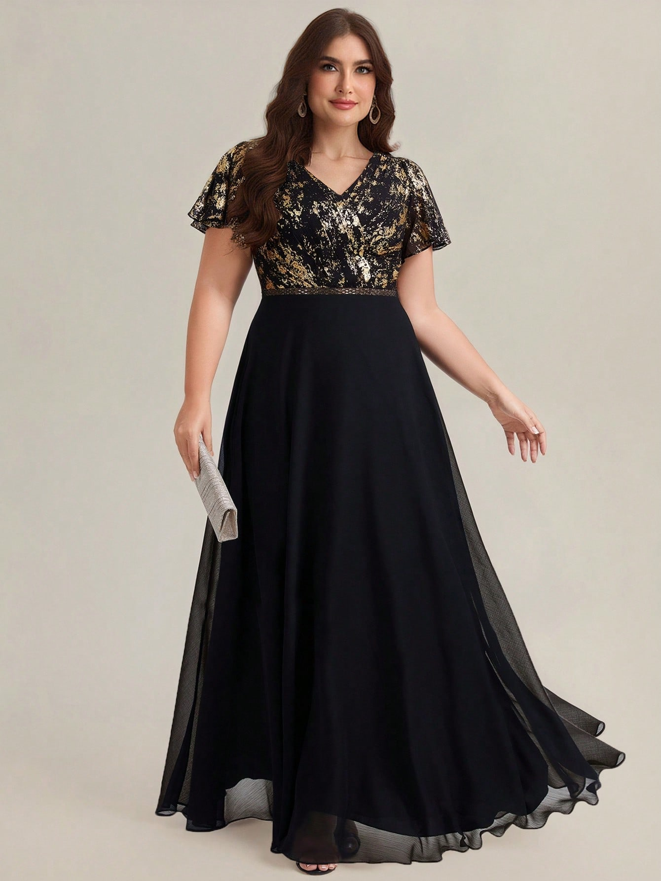 Fast Delivery Plus Size Short Sleeve Ruffle Deep V-Neck A-Line Floor Length Evening Dresses