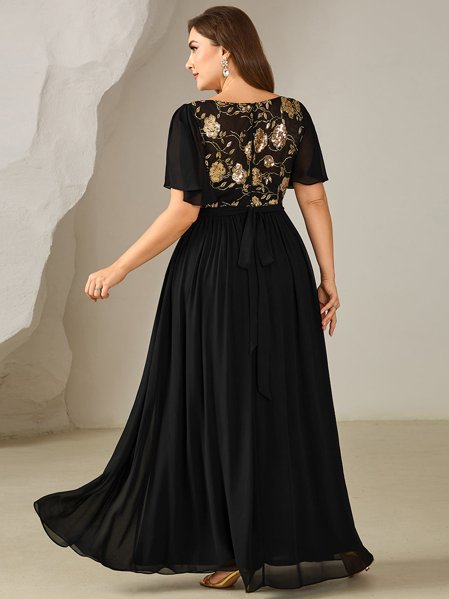 Color=Black Gold | Industrial Use Plus Size Short Sleeve Ruffle Sequin Round Neck A-Line Floor Length Evening Dresses-Black Gold 2