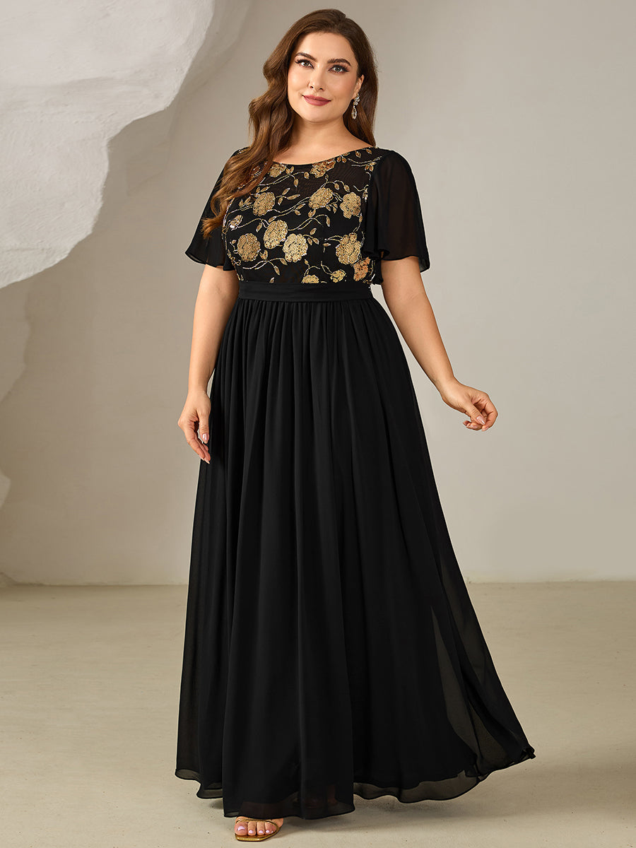Color=Black Gold | Industrial Use Plus Size Short Sleeve Ruffle Sequin Round Neck A-Line Floor Length Evening Dresses-Black Gold 4