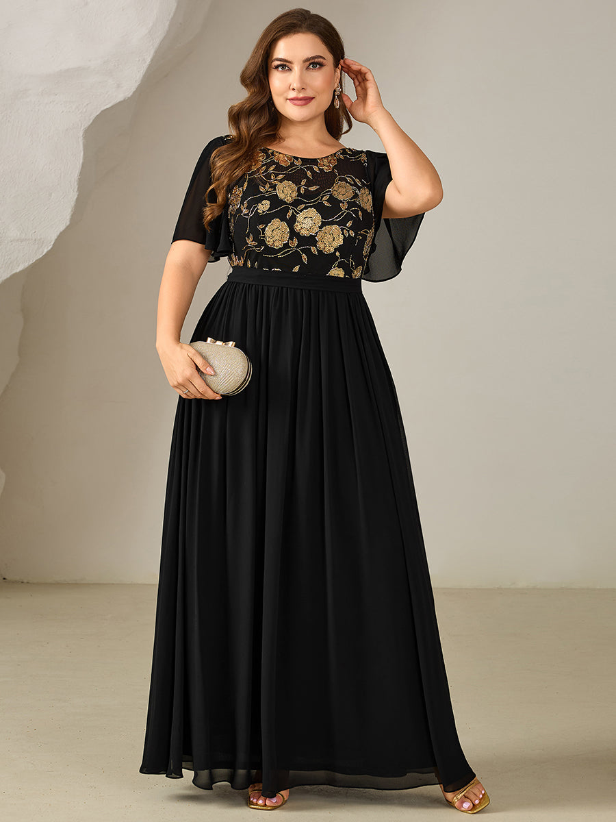 Color=Black Gold | Industrial Use Plus Size Short Sleeve Ruffle Sequin Round Neck A-Line Floor Length Evening Dresses-Black Gold 5