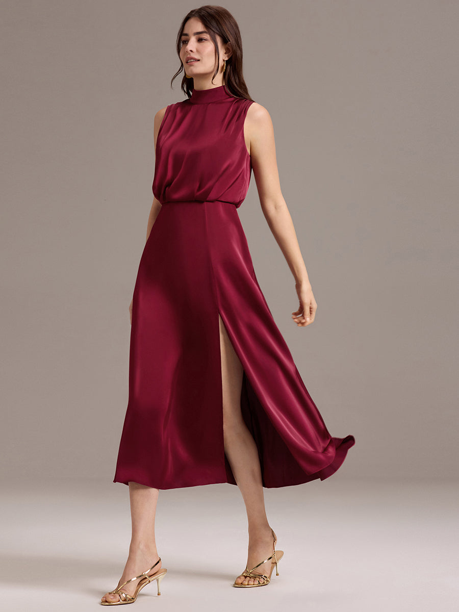 Color=Burgundy | Wholesale High Neck Sleeveless Midi-Length Satin Evening Dress-Burgundy 3