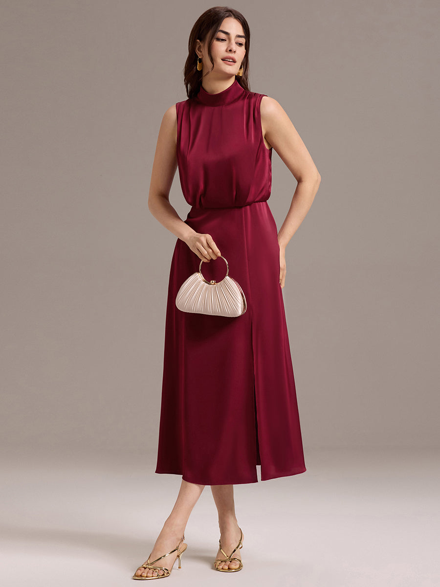 Color=Burgundy | Wholesale High Neck Sleeveless Midi-Length Satin Evening Dress-Burgundy 4