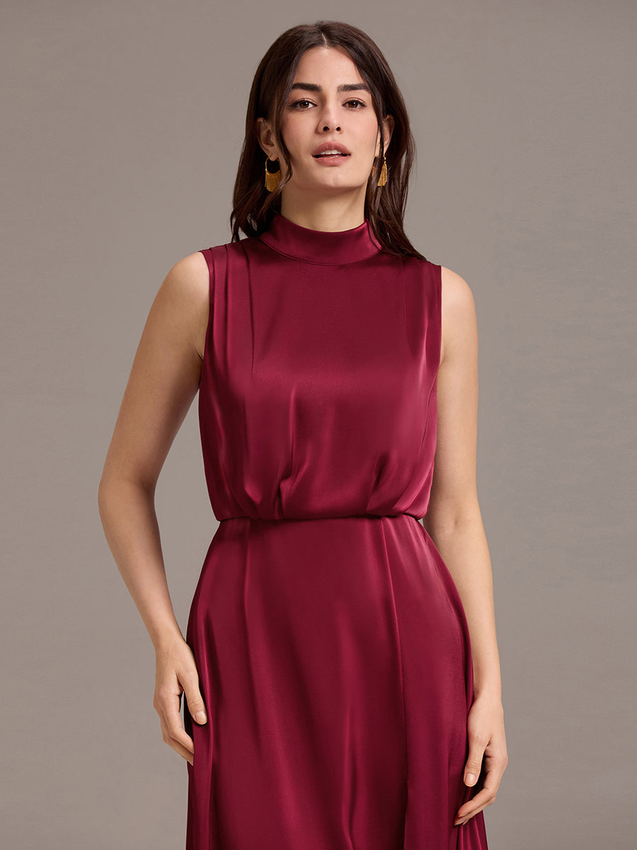 Color=Burgundy | Wholesale High Neck Sleeveless Midi-Length Satin Evening Dress-Burgundy 5