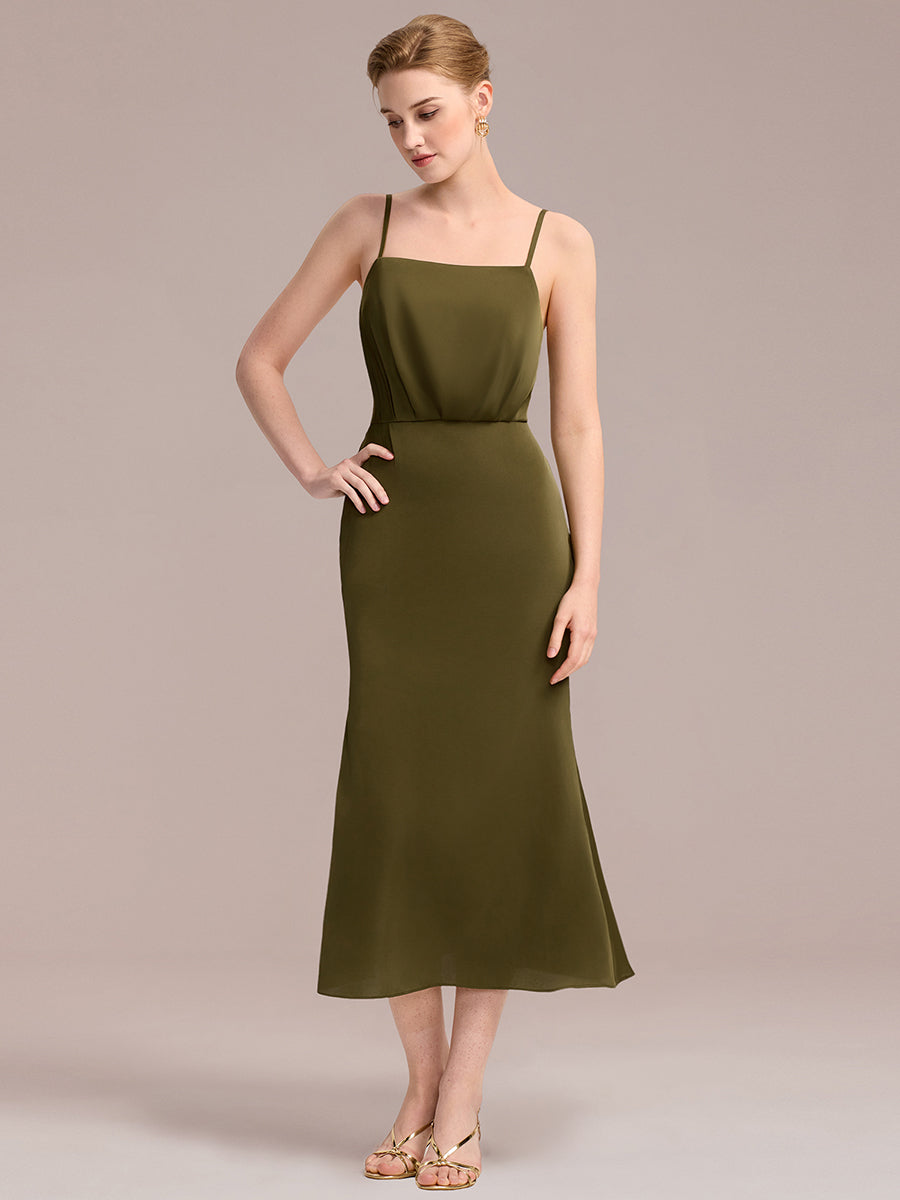 Color=Olive Green | Commercial Wholesale Strapless Adjustable Spaghetti Straps Fishtail Midi Wedding Guest Dresses-Olive Green 1