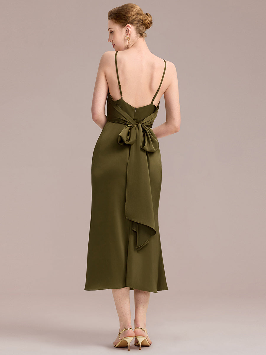 Color=Olive Green | Commercial Wholesale Strapless Adjustable Spaghetti Straps Fishtail Midi Wedding Guest Dresses-Olive Green 2