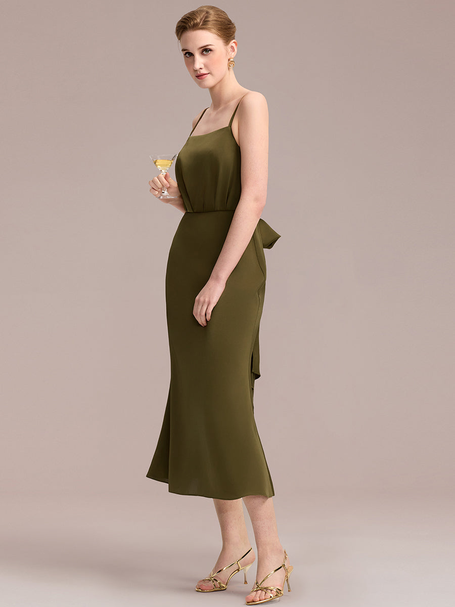Color=Olive Green | Commercial Wholesale Strapless Adjustable Spaghetti Straps Fishtail Midi Wedding Guest Dresses-Olive Green 4